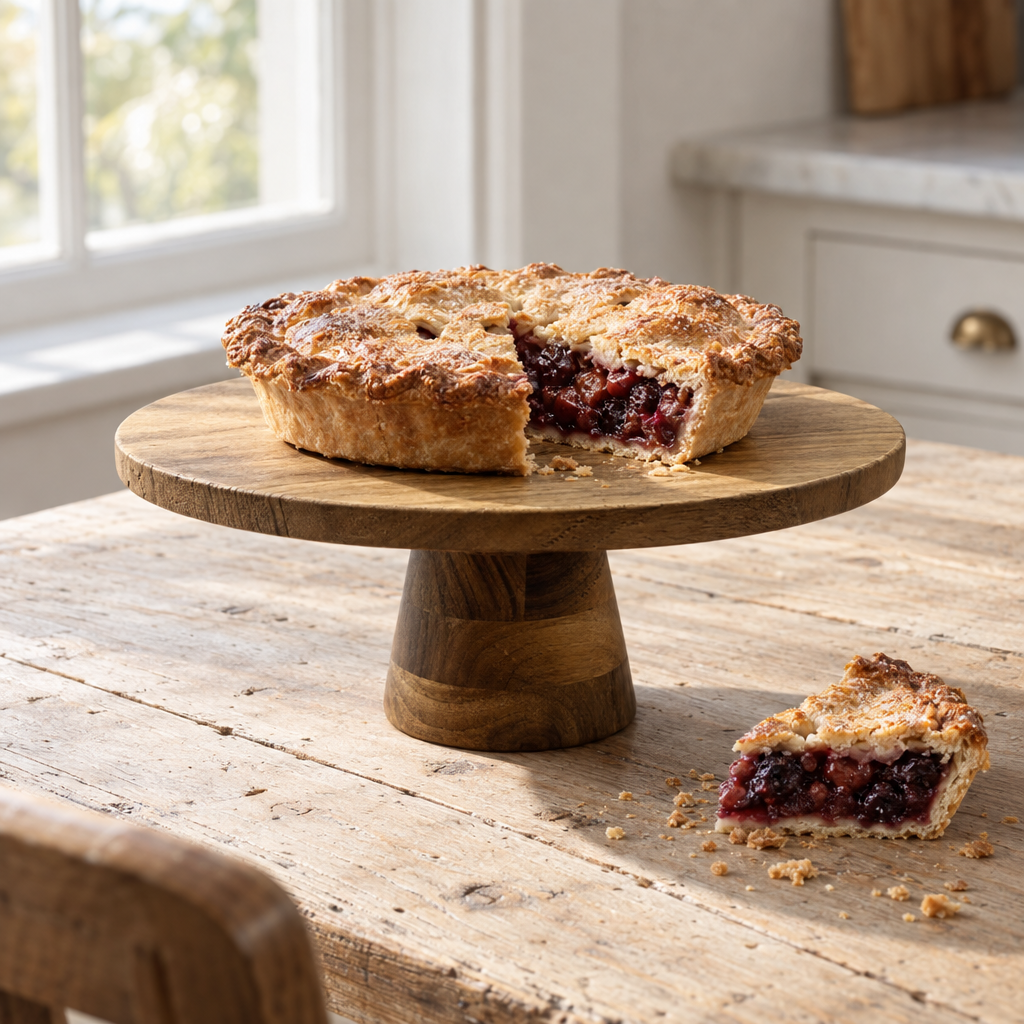 Acacia wood standing pie dish with a berry pie on a pine farmhouse table