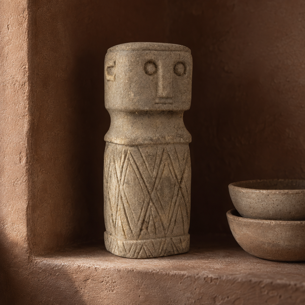 Stonemen Nazril carved sandstone figure in a plaster alcove