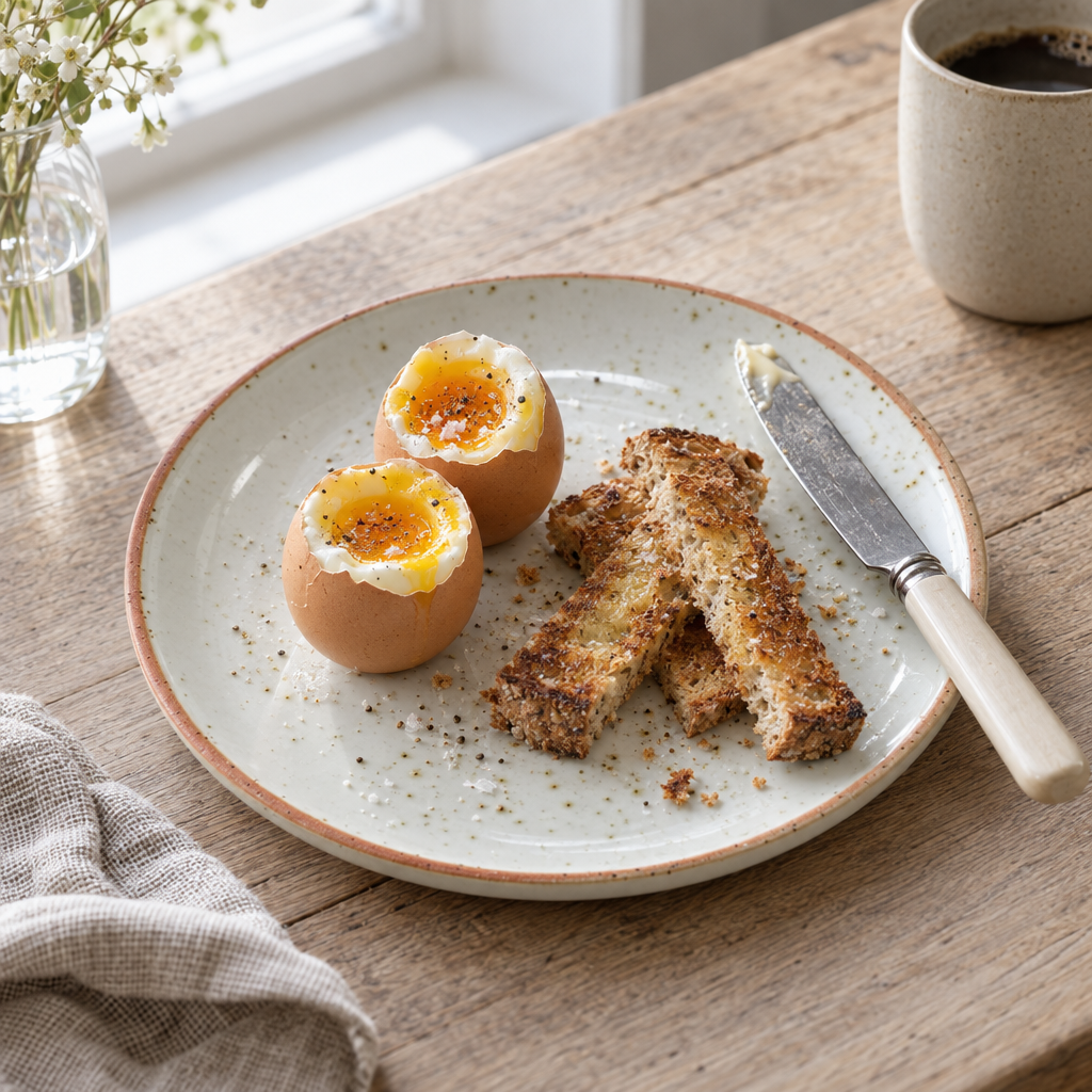 Sandy speckled stoneware breakfast plate with boiled eggs and toast soldiers