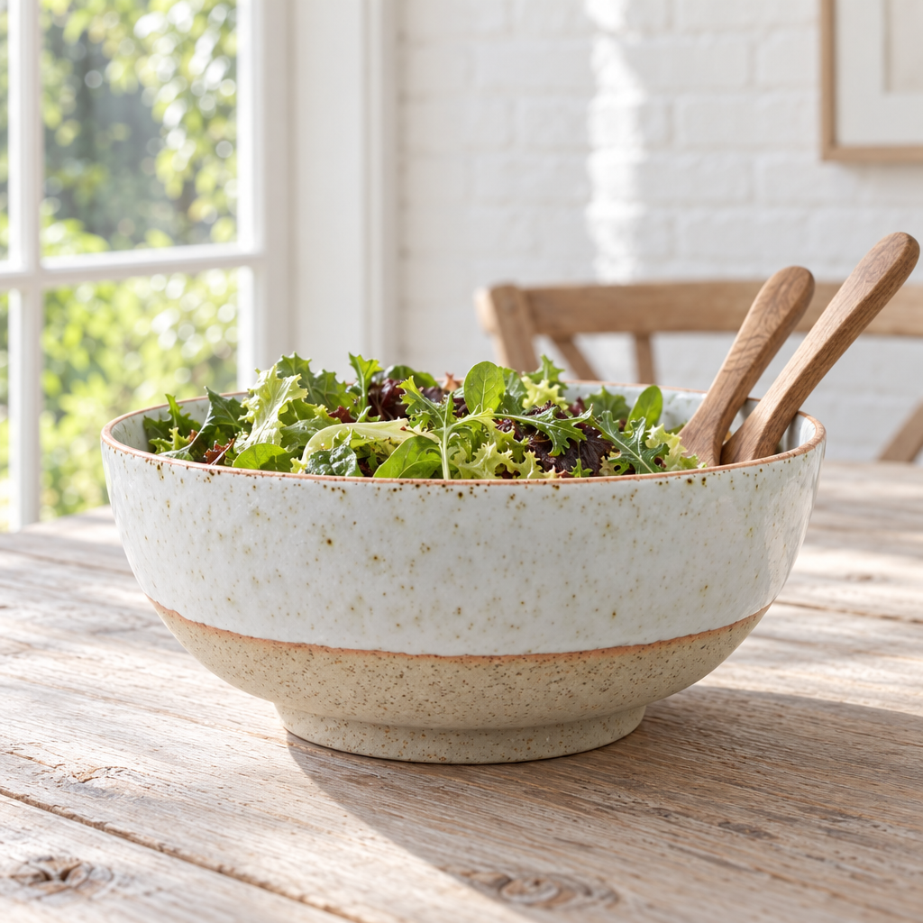 Sandy speckled stoneware salad bowl filled with green salad on an ash dining table