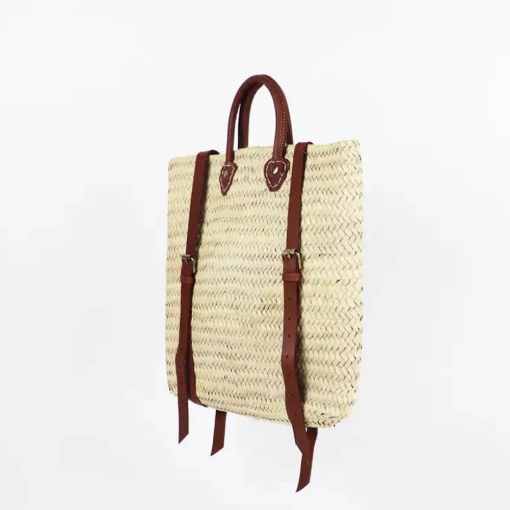 Straw Back Pack with Leather Strap - Natural