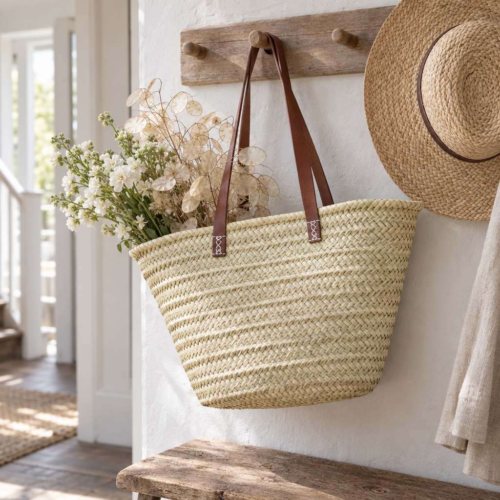 Woven straw tote with leather handles hanging on a hallway peg