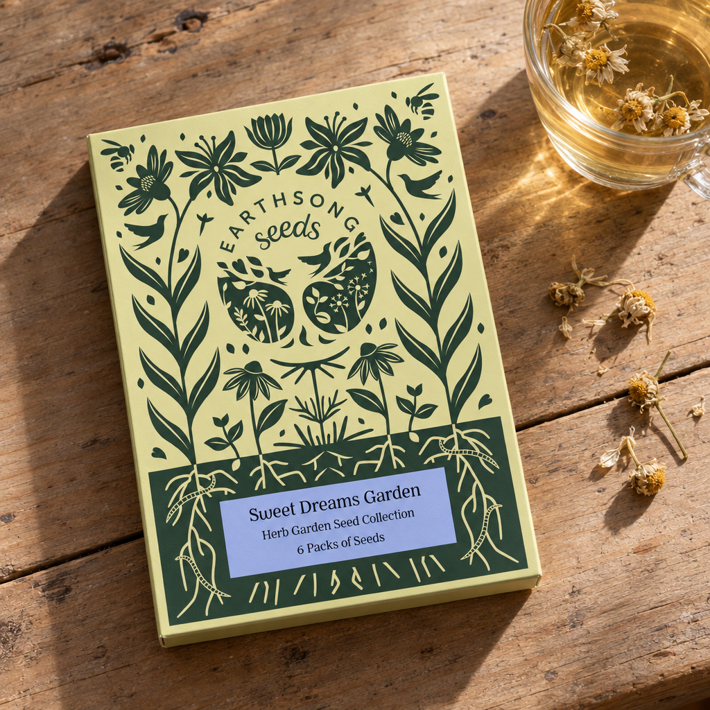 Earthsong Seeds Sweet Dreams Garden herb seed collection box on a pine table with chamomile tea