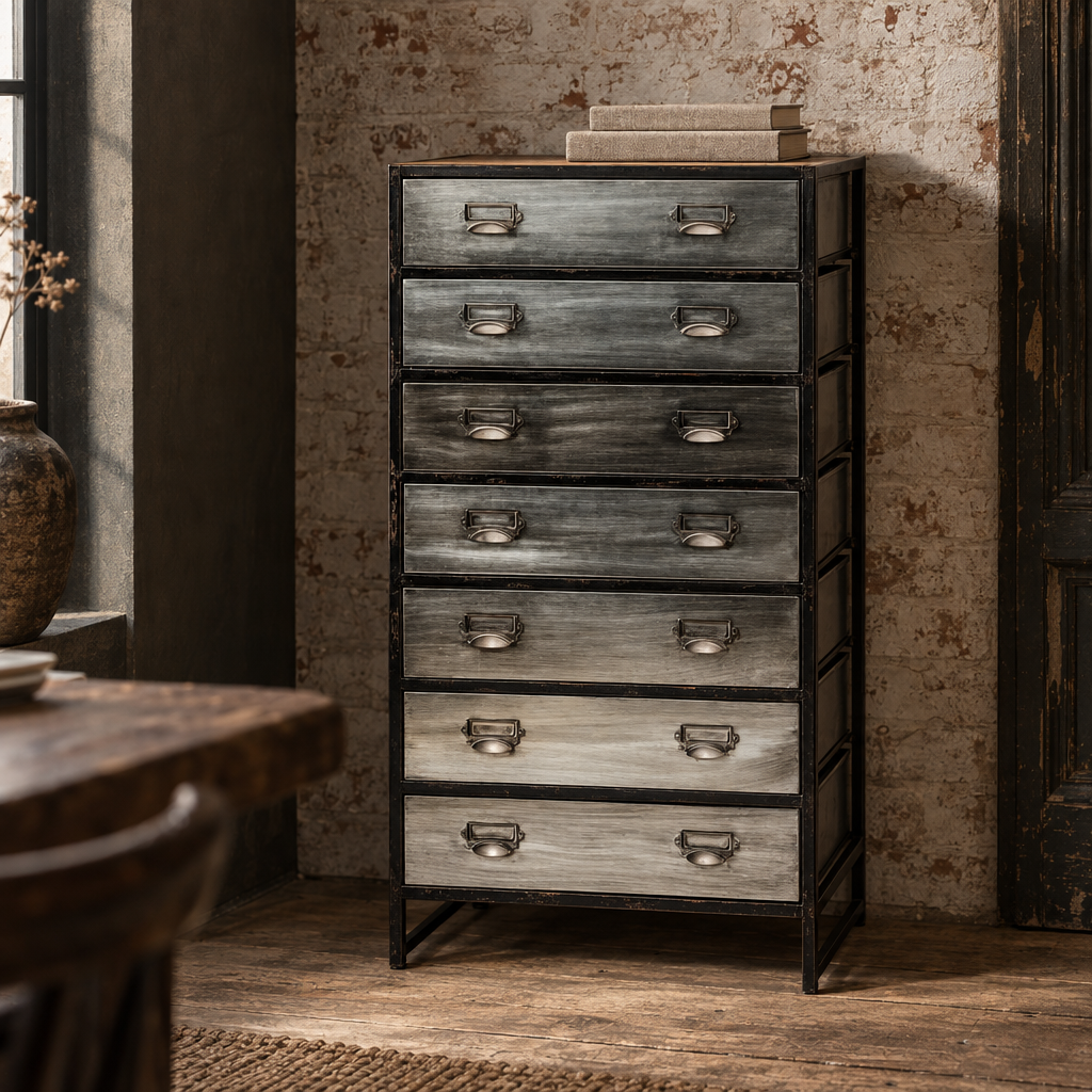 Tall brushed steel seven-drawer cabinet against a brick wall
