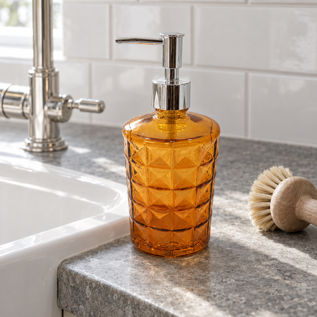 Tall amber recycled glass soap dispenser beside a butler sink