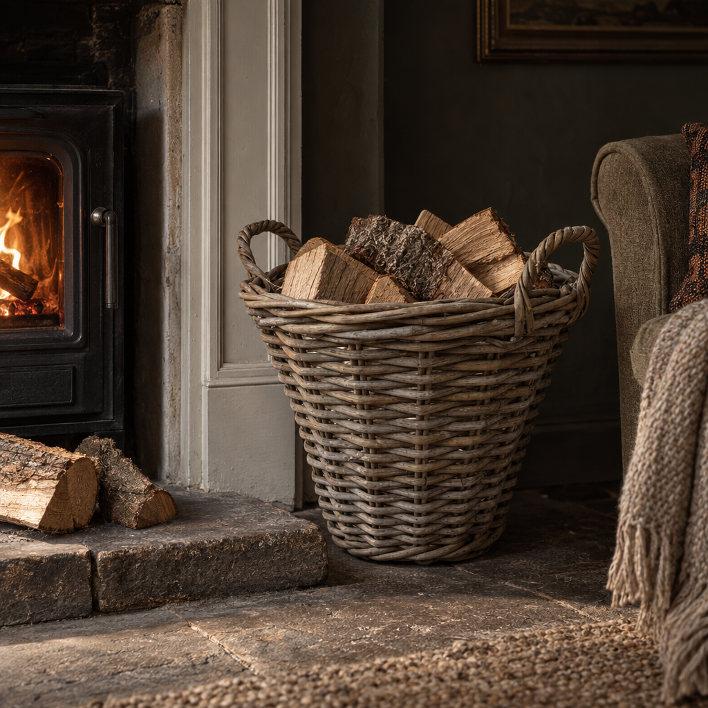 Tall vintage woven wicker basket filled with logs beside a wood burner