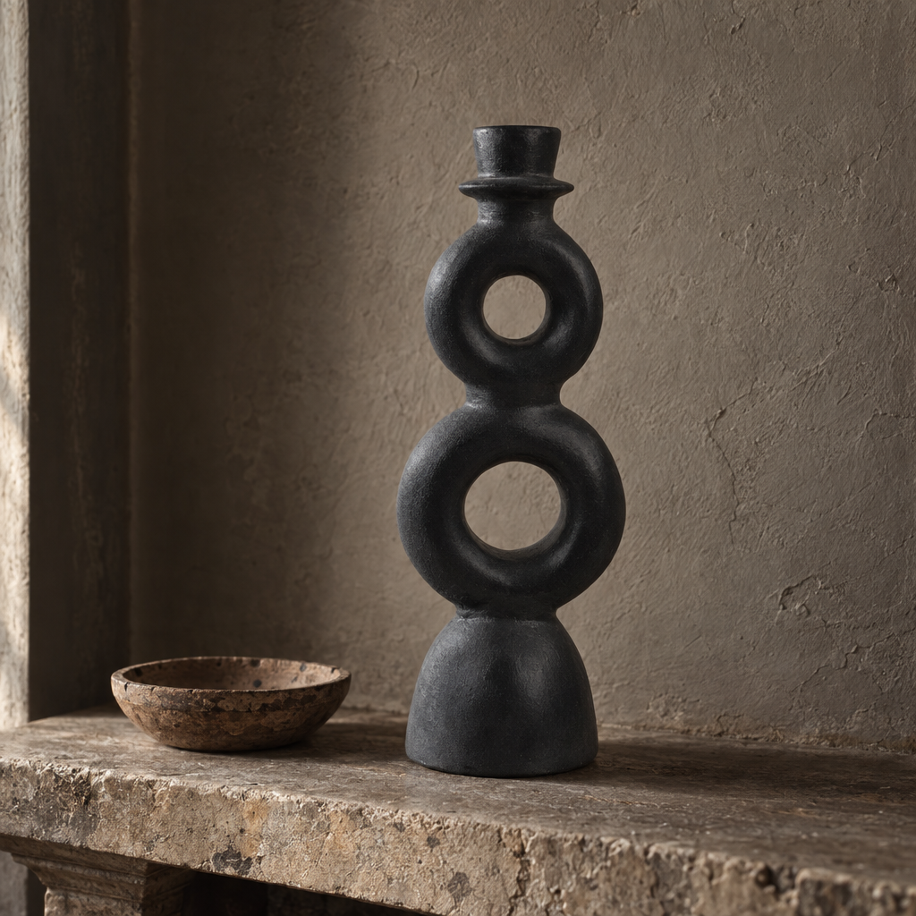 Yuni sculptural charcoal terracotta candle holder on a stone mantelshelf