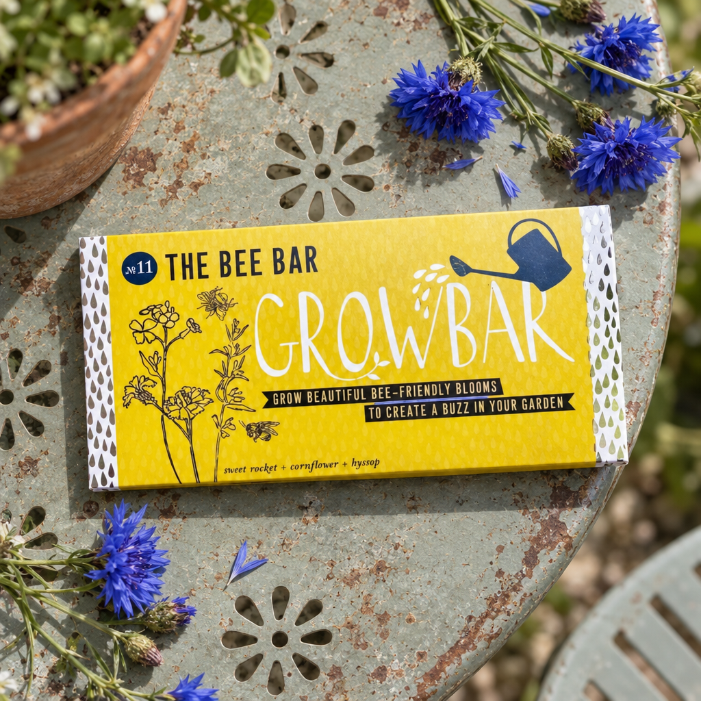 The Bee Bar Growbar No.11 seed kit on a garden bistro table with cut cornflowers