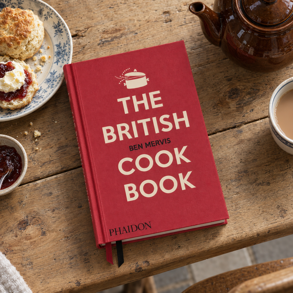 The British Cookbook by Ben Mervis (Phaidon) on a farmhouse table with scones and tea