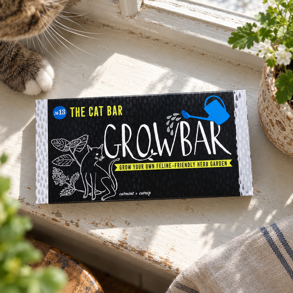 The Cat Bar Growbar No.13 on a sunny windowsill with a cat's paw