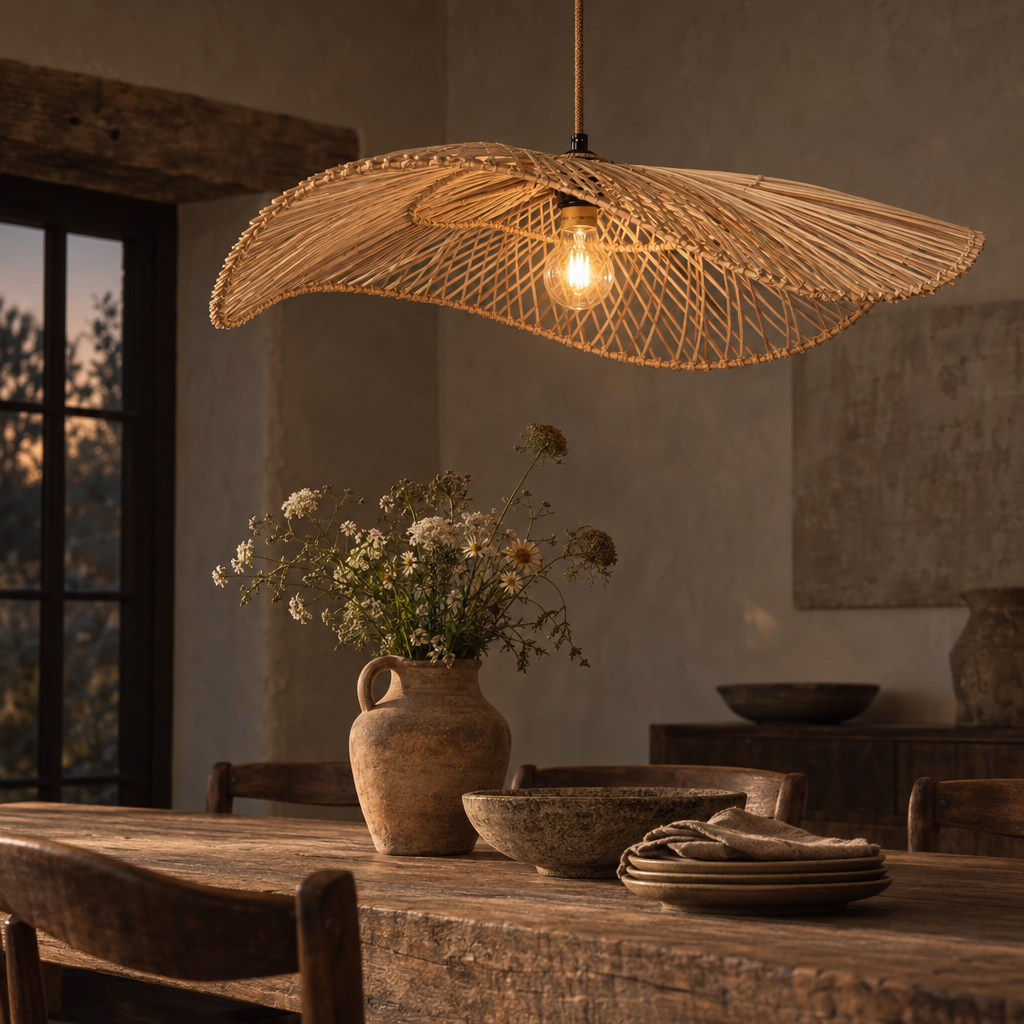 Chapeau wide-brim bamboo pendant lit above a rustic dining table