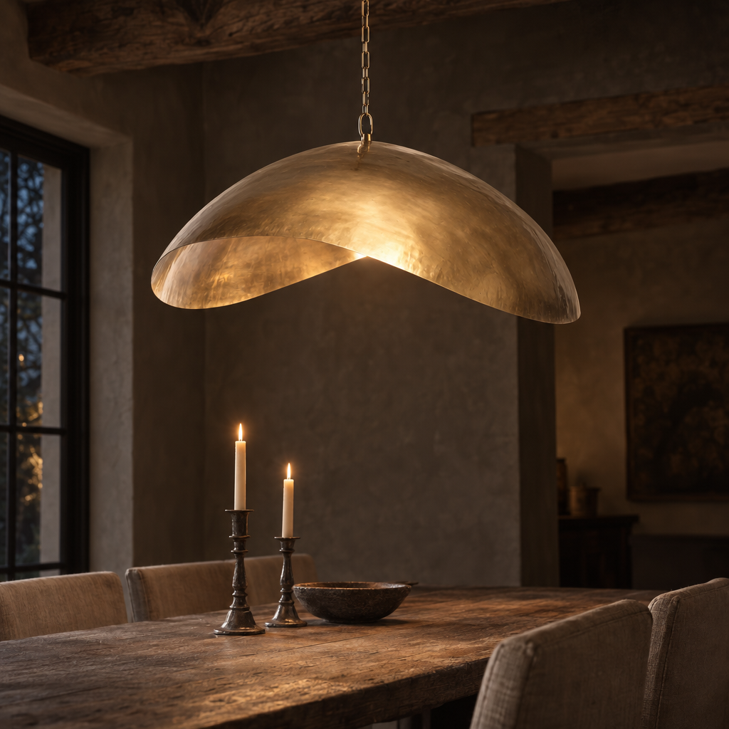 Fortune Cookie brass pendant lit above a farmhouse dining table