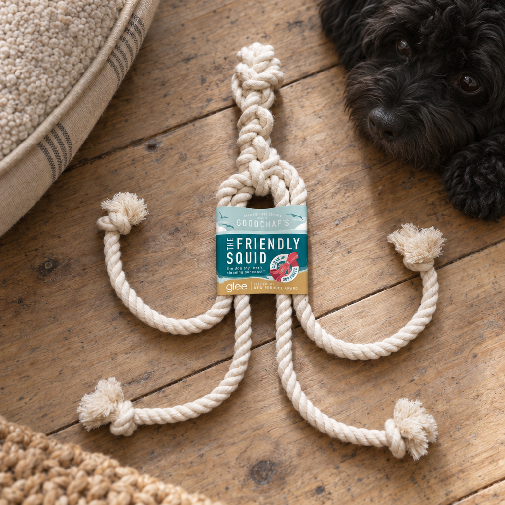 The Friendly Squid Dog Toy with a black curly cavapoo dog