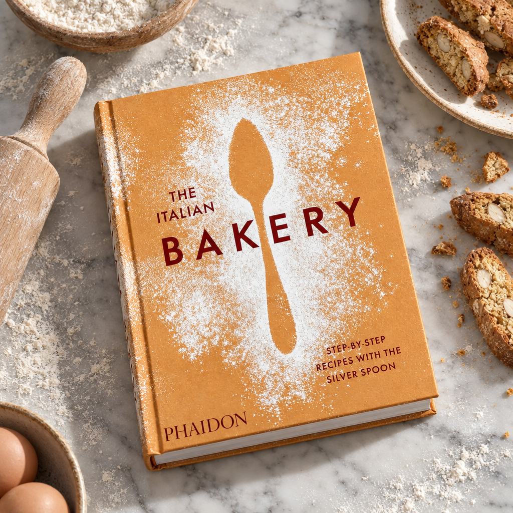 The Italian Bakery (Phaidon) on a floured marble slab with biscotti