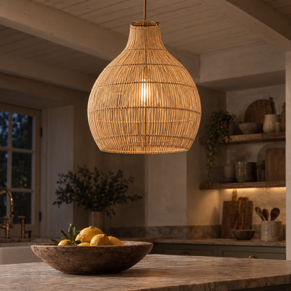 Lobster Trap rattan pendant lit above a kitchen island