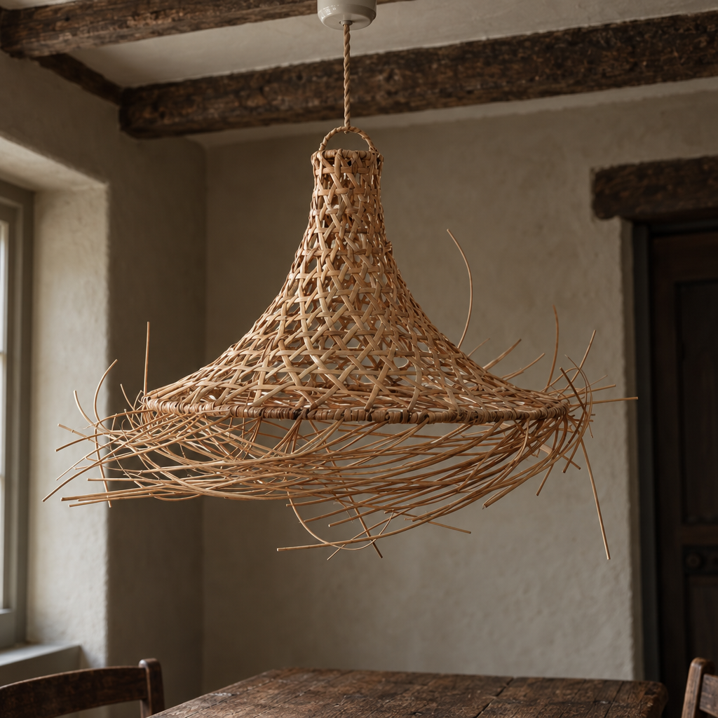 Mykonos handwoven rattan pendant shade hanging above an oak dining table in a beamed cottage room