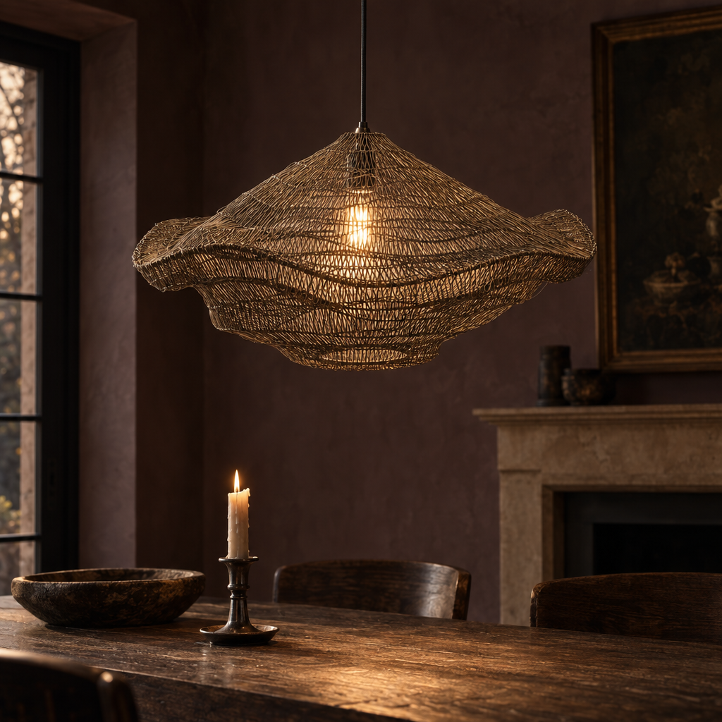 The Oyster woven brass-finish mesh pendant lit above a dark oak dining table