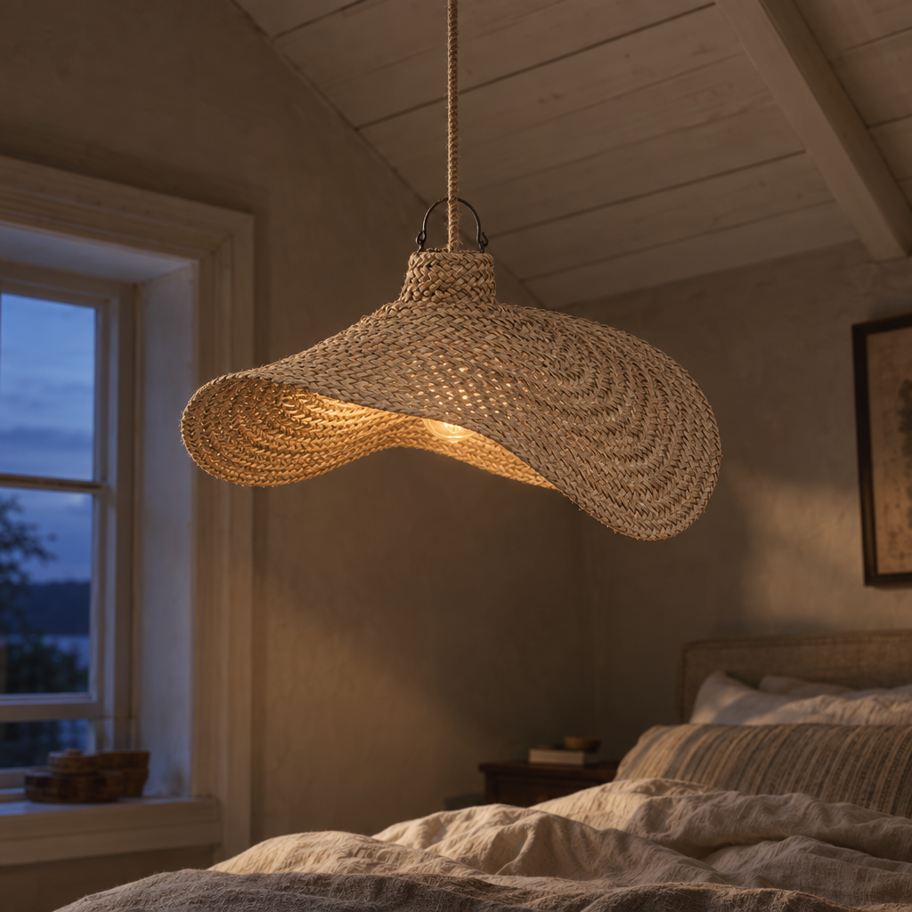 Qubba woven water hyacinth pendant lit in a cottage bedroom