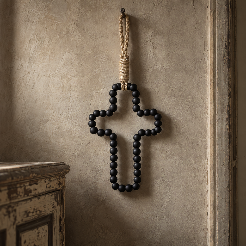 Black wooden bead cross hanging on a limewashed wall