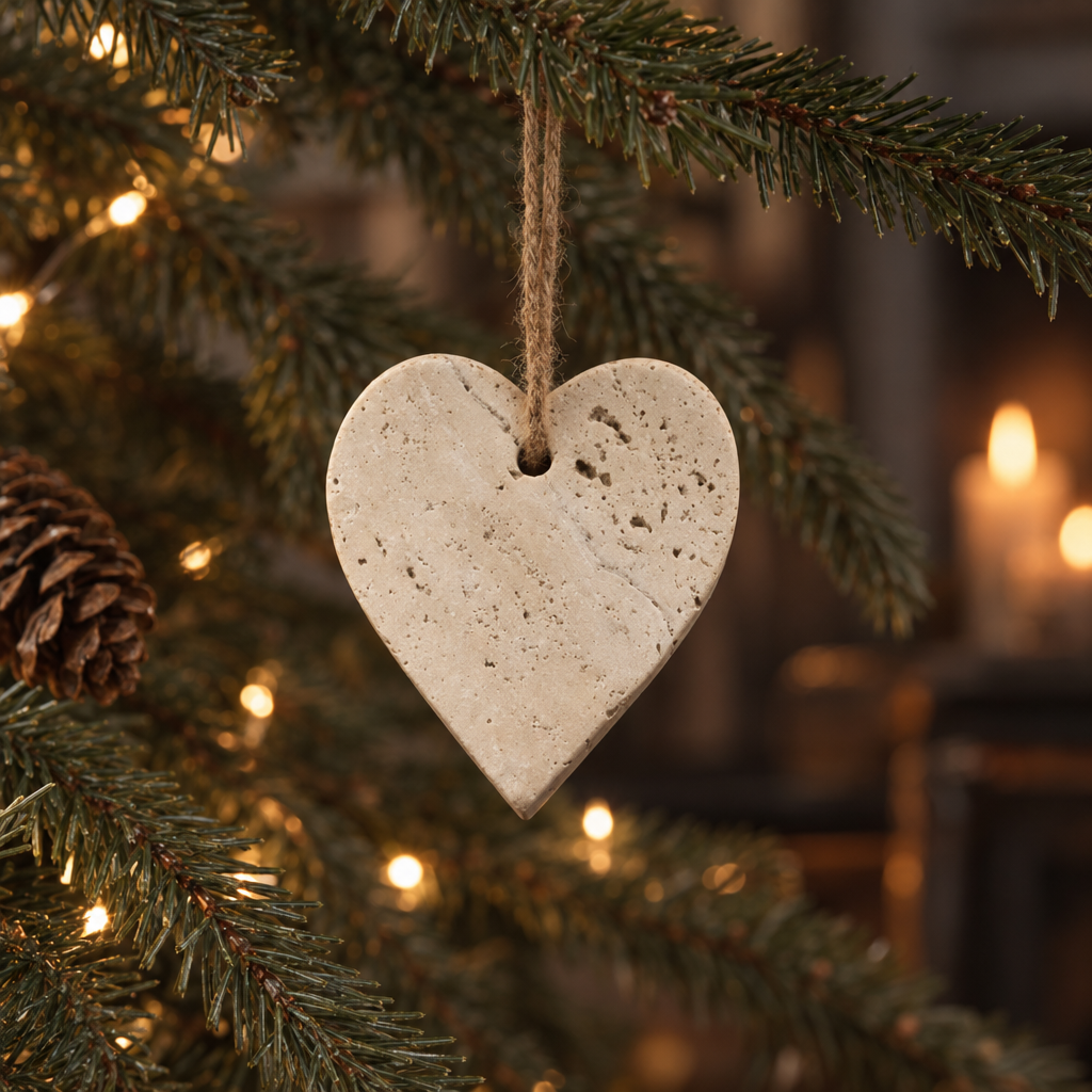 Travertine heart decoration hanging on a Christmas tree
