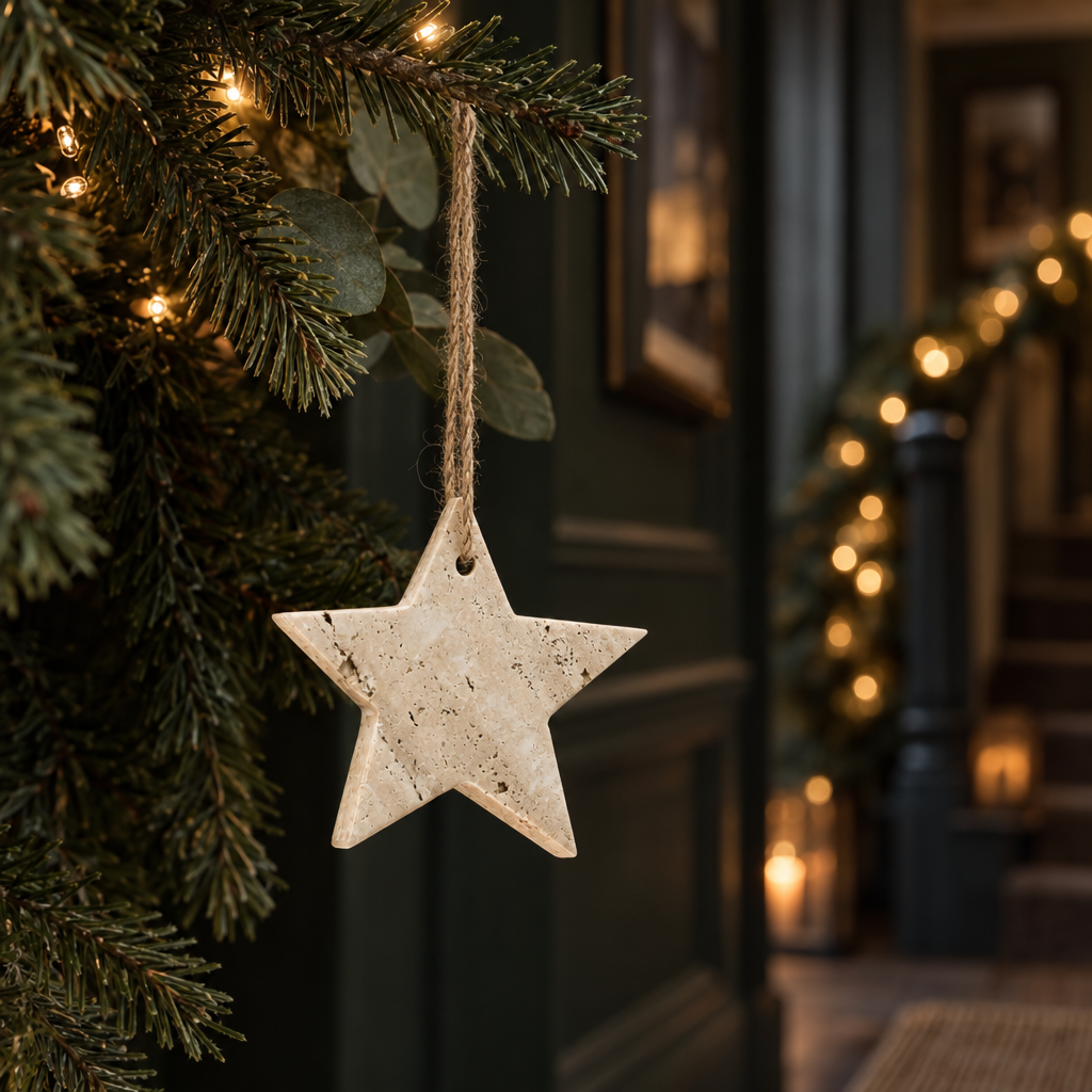 Travertine star decoration hanging on a Christmas tree