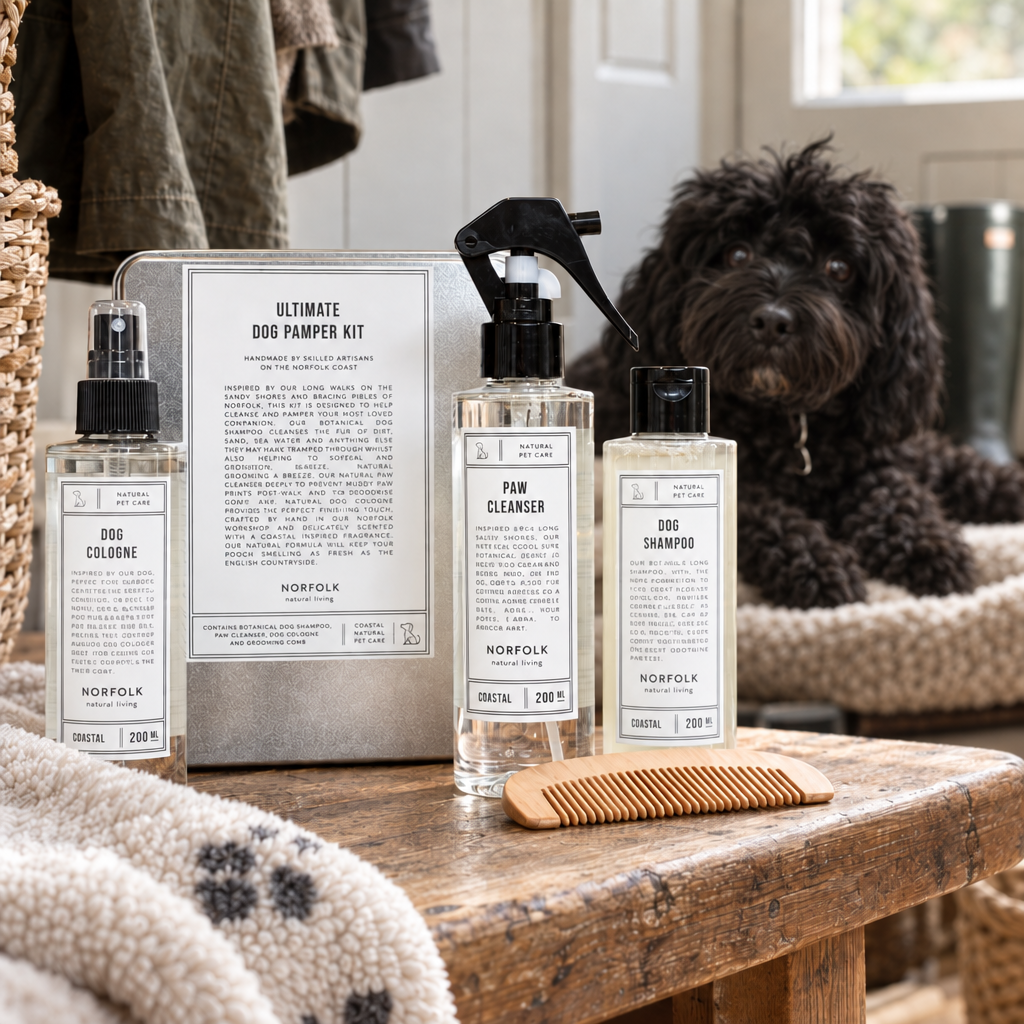 Ultimate Dog Pamper Kit with a black curly cavapoo dog