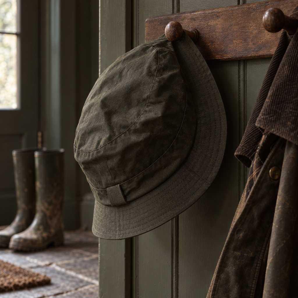 Olive waxed cotton bucket hat hanging on a boot room peg
