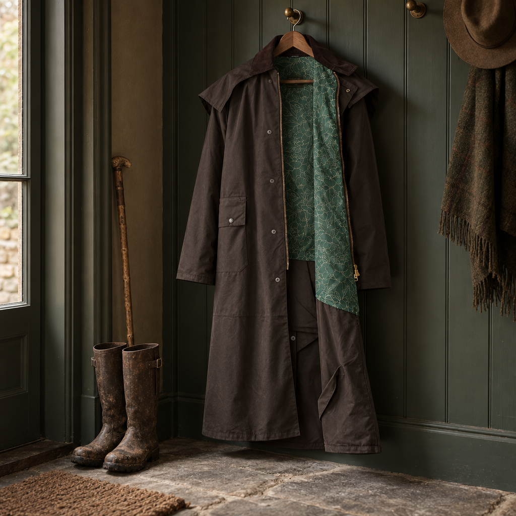 Long waxed stockman coat with cape hanging in a country hallway