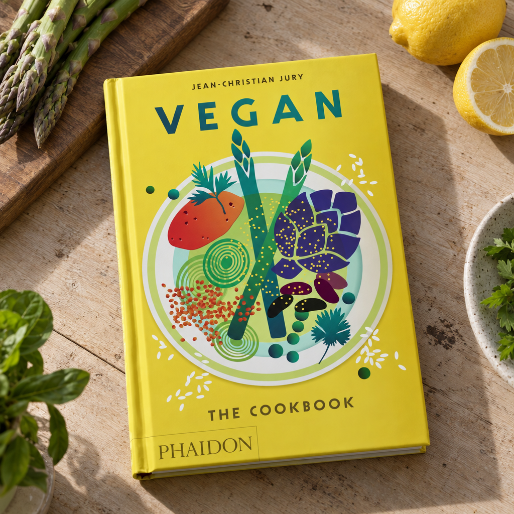Vegan: The Cookbook by Jean-Christian Jury (Phaidon) on an oak table with asparagus