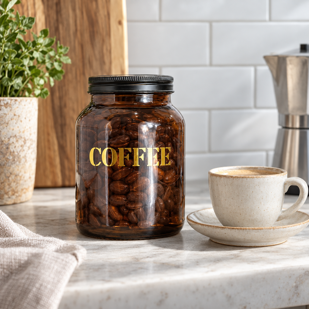 Amber glass COFFEE storage jar of coffee beans on a kitchen worktop