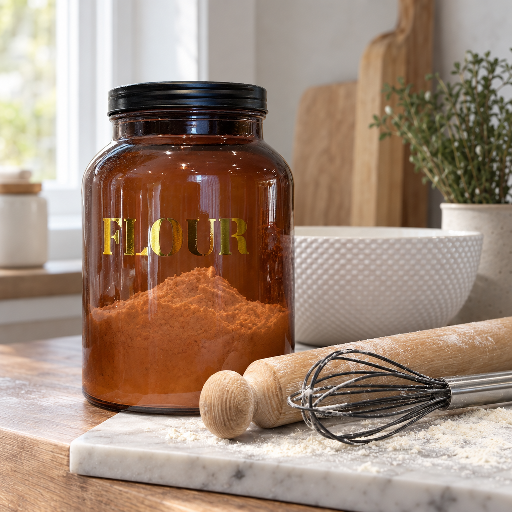 Amber glass FLOUR storage jar on a baking worktop