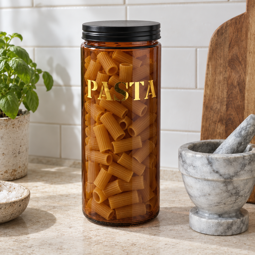 Amber glass PASTA storage jar filled with rigatoni on a kitchen worktop