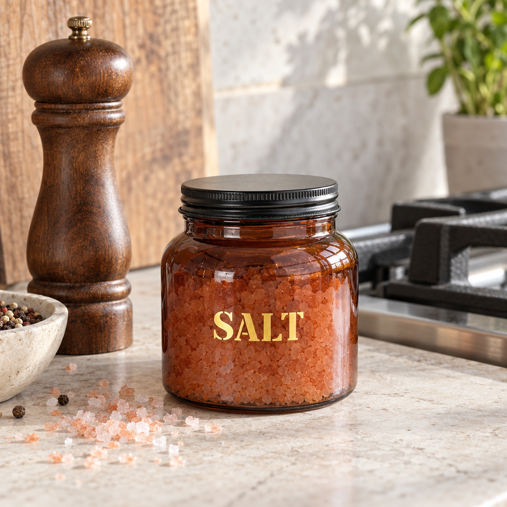 Amber glass SALT storage jar of pink sea salt on a kitchen worktop