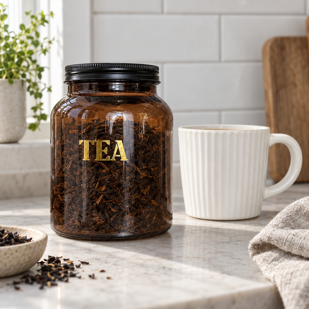 Amber glass TEA storage jar of loose leaf tea on a kitchen worktop