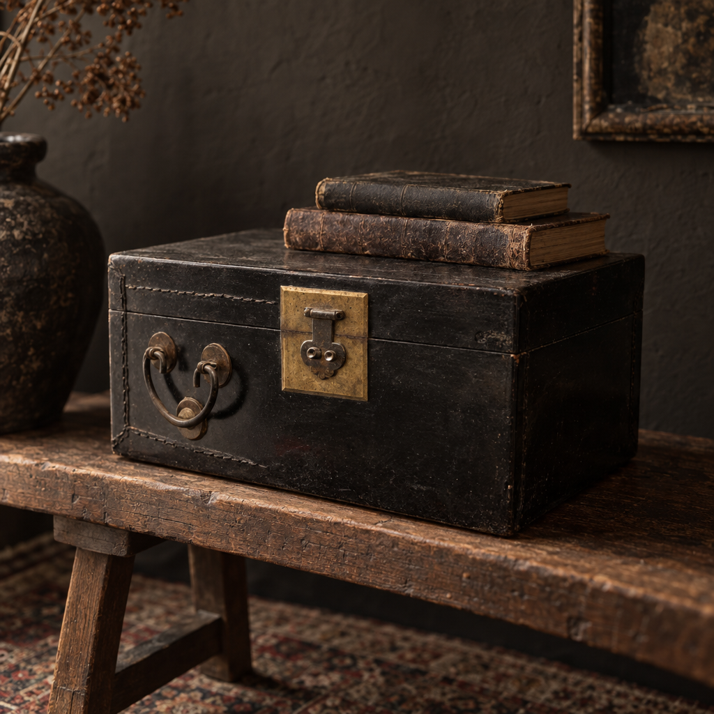 Vintage dark brown Chinese hardwood case on a wooden bench