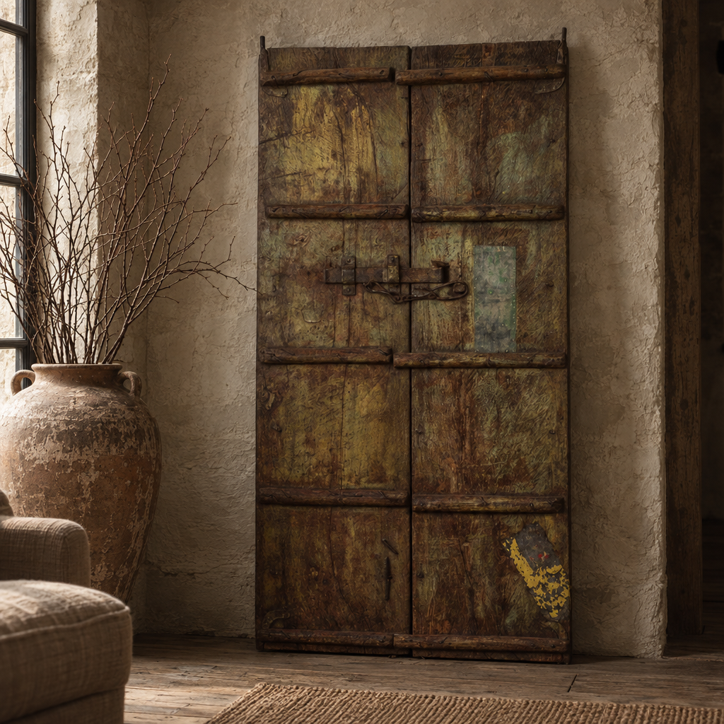 Vintage handcrafted painted wooden shutters against a limewashed wall