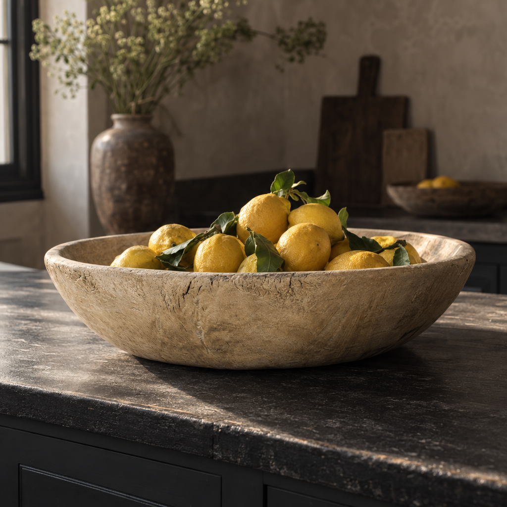 Large vintage bleached wooden bowl of lemons on a kitchen island