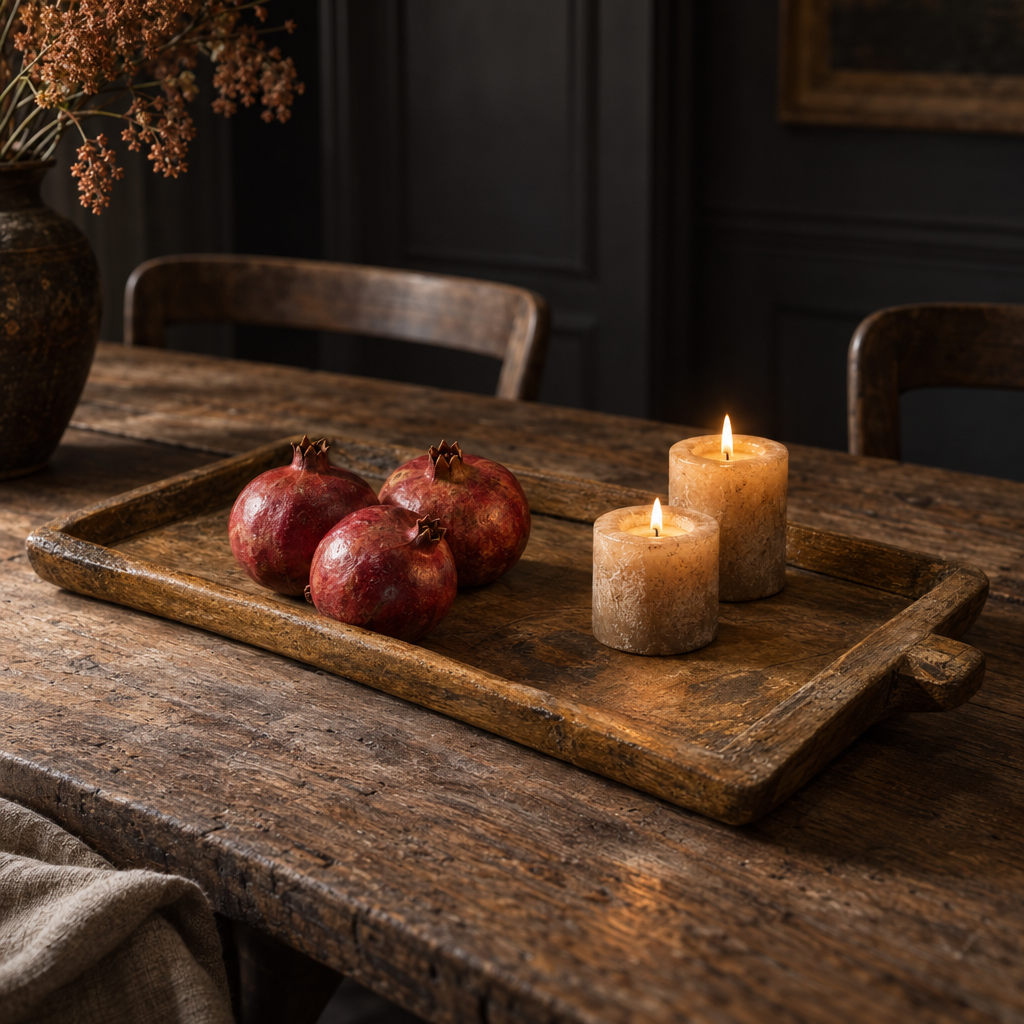Vintage wooden paraat tray with pomegranates and candles on a dining table