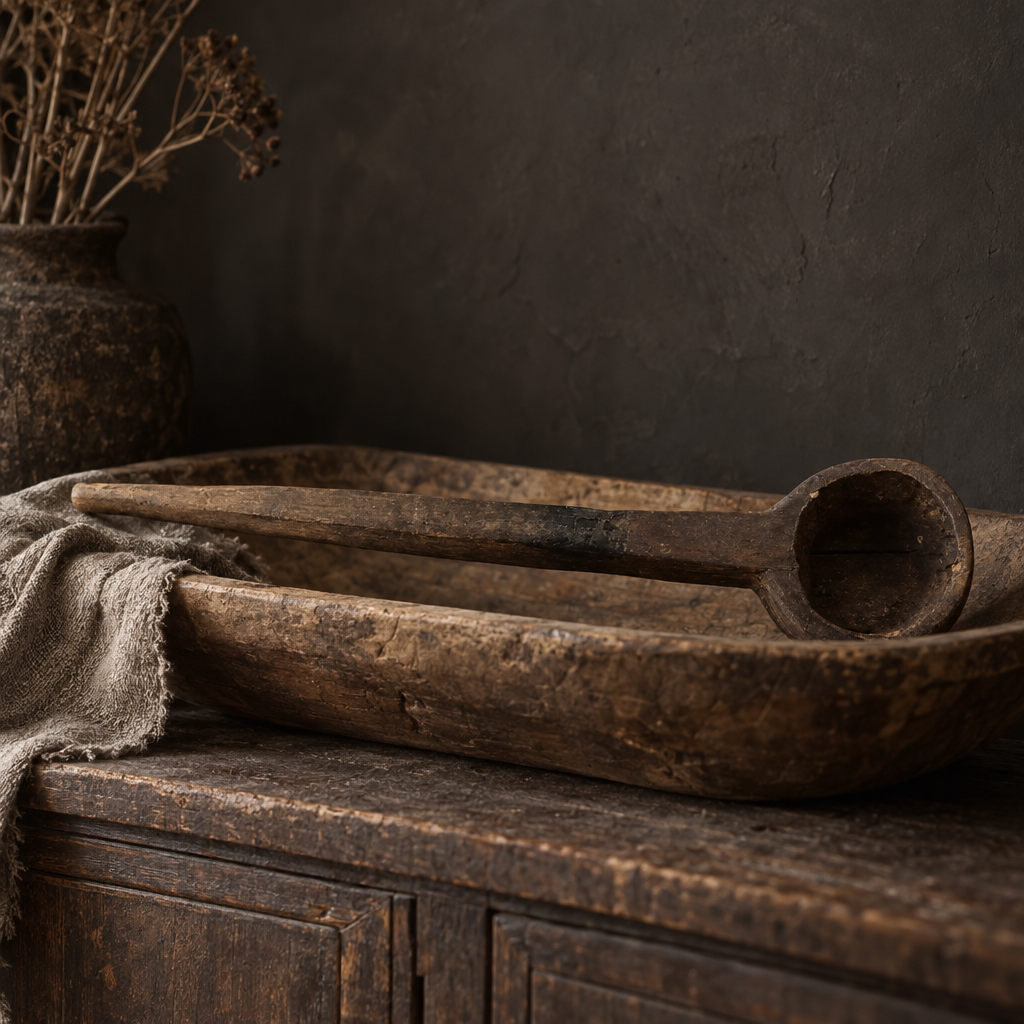 Vintage carved wooden spoon on an old dough bowl