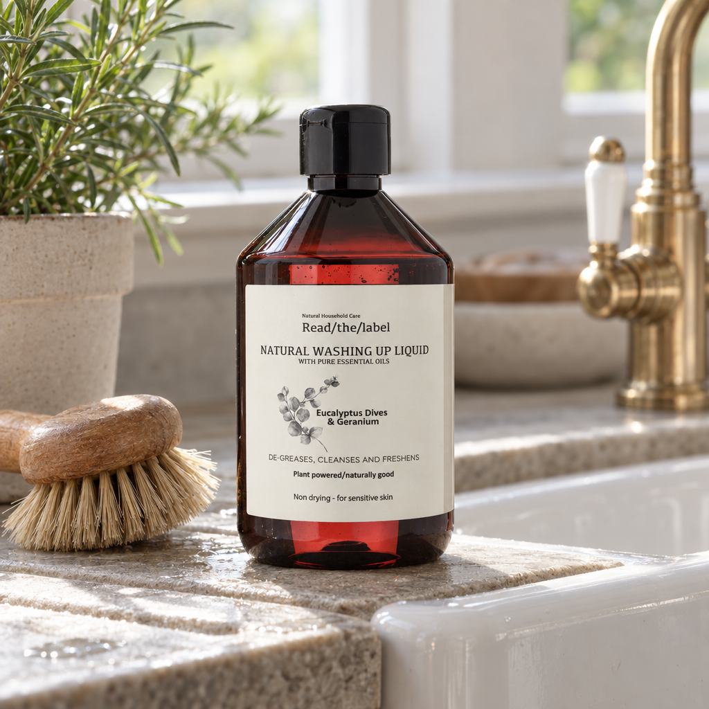 Read/the/label Natural Washing Up Liquid eucalyptus and geranium beside a sink