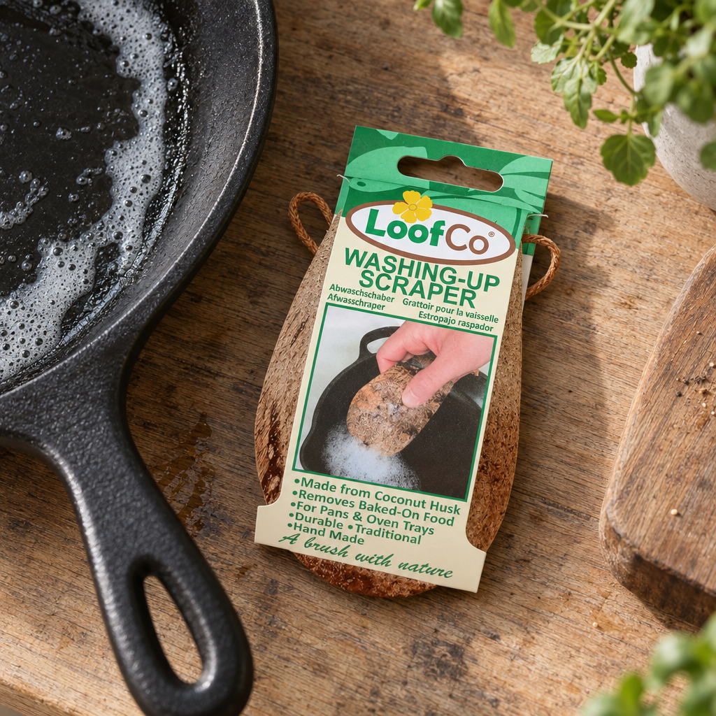 LoofCo coconut husk washing-up scraper beside a cast-iron skillet