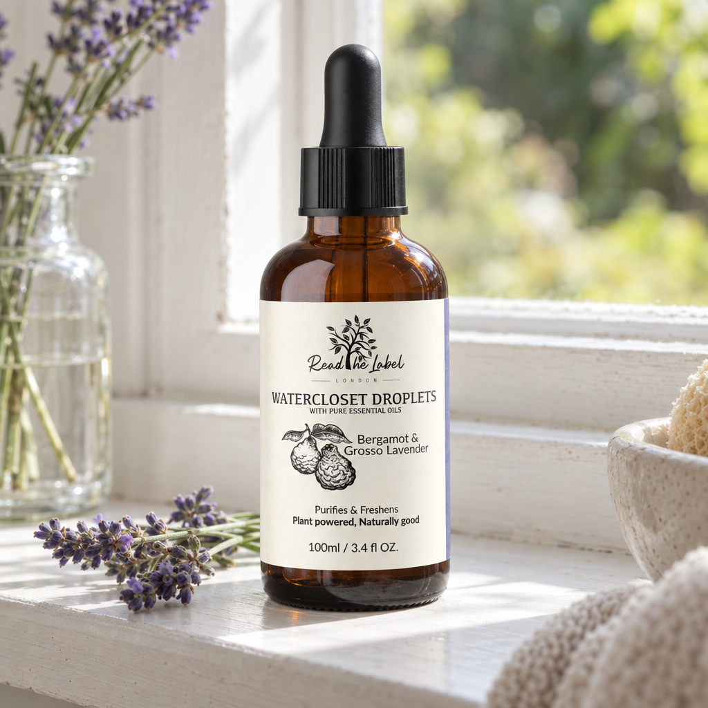 Read the Label Watercloset Droplets bergamot and lavender on a bathroom windowsill