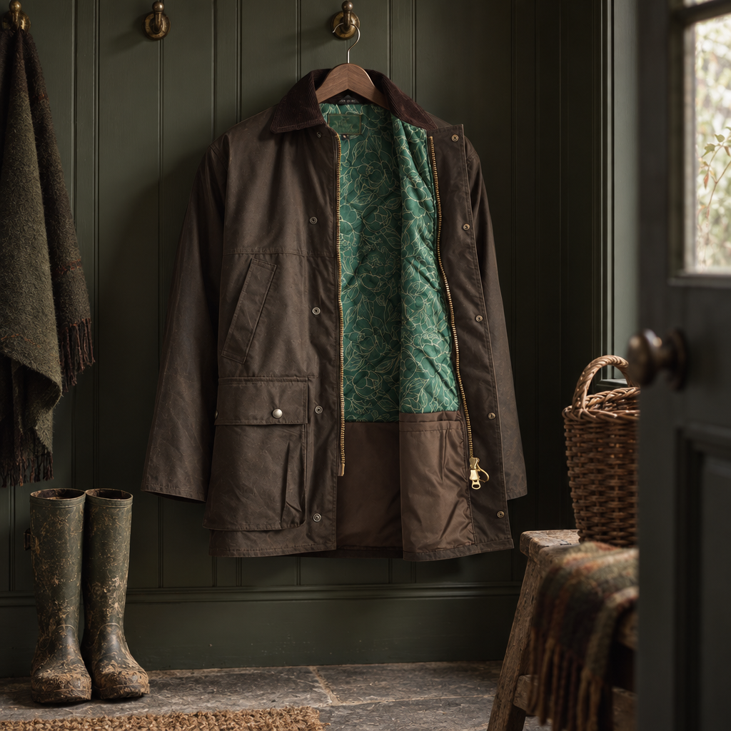 Padded waxed cotton jacket with green quilted lining hanging in a boot room