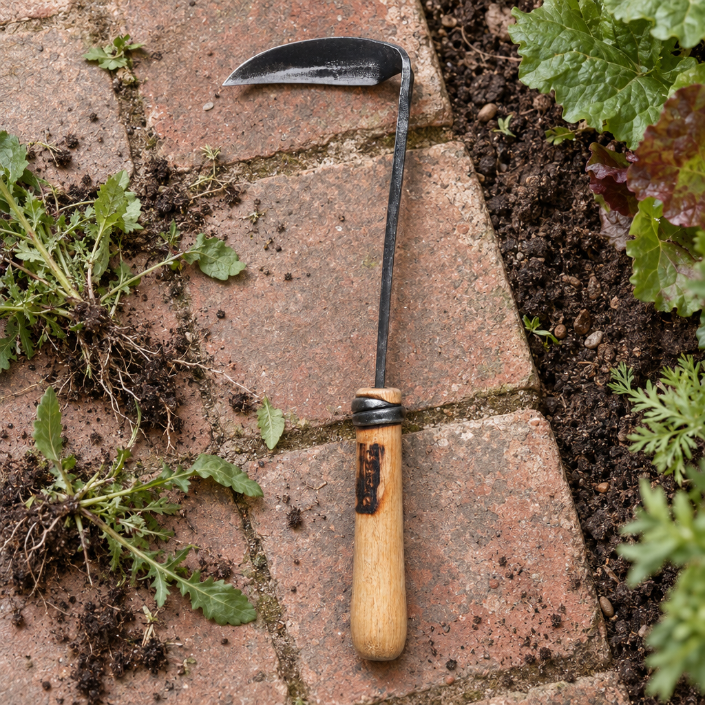 Small hand-forged weeding hoe lying on a brick garden path beside pulled weeds