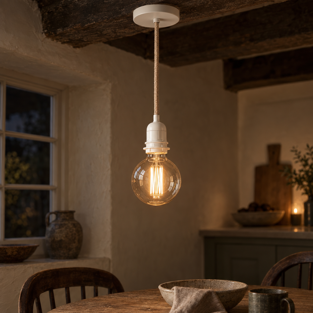 White ceiling lamp fitting with jute flex and lit globe bulb in a cottage kitchen