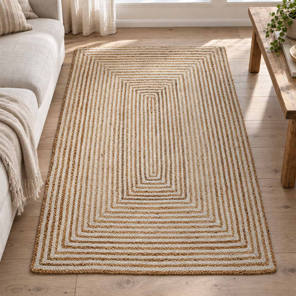 Rectangular braided jute rug in a bright sitting room