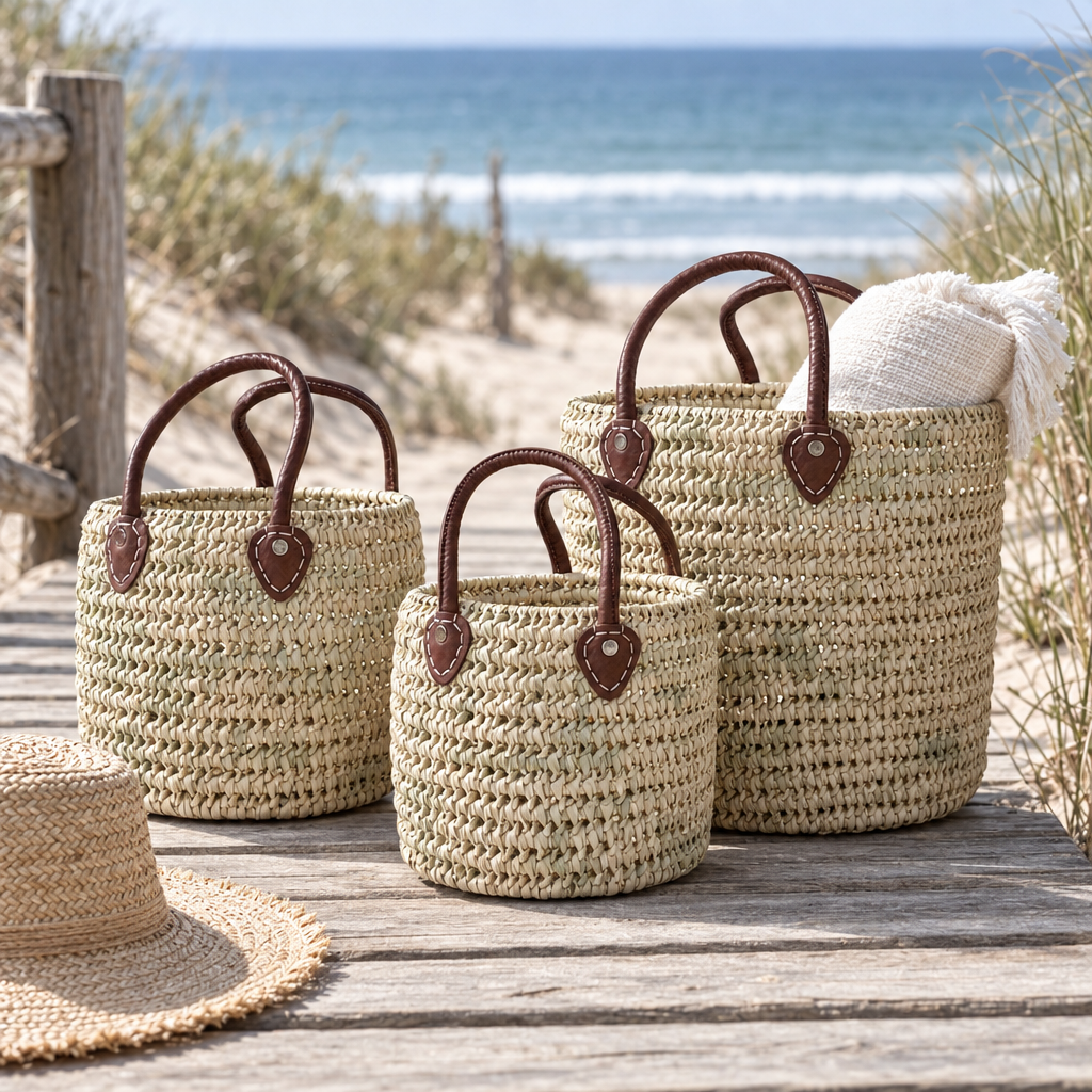 Three open-weave straw beach bags with leather handles on a boardwalk