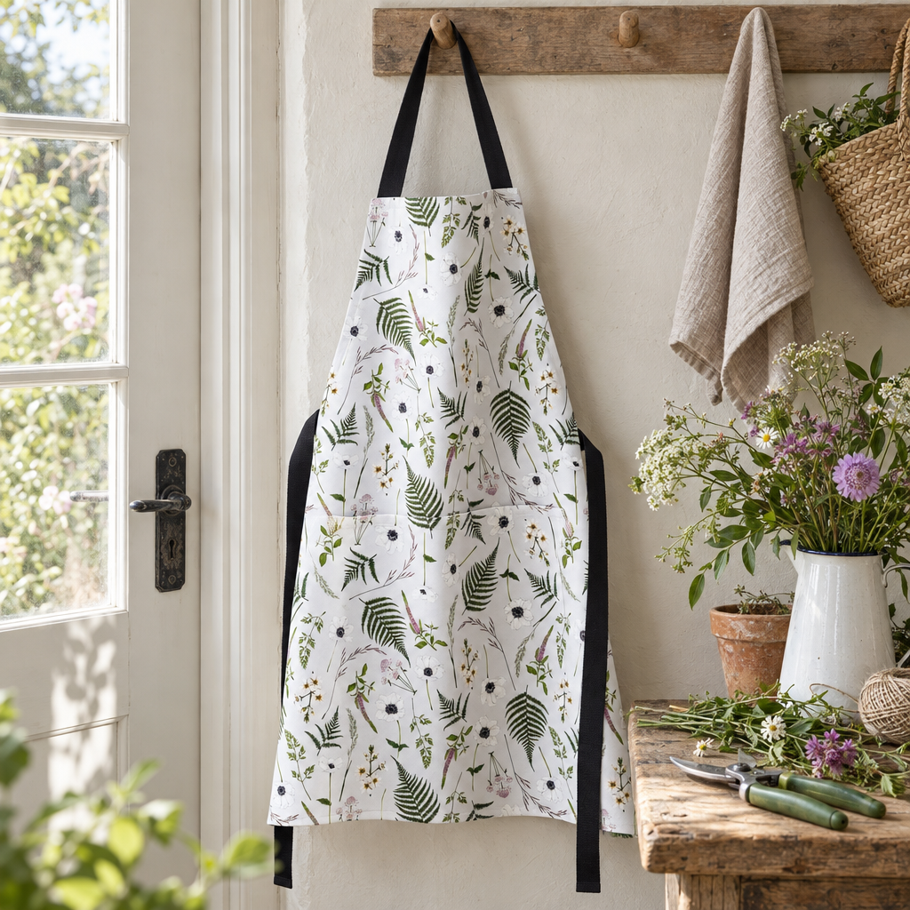 Wild Meadow botanical print apron hanging on a cottage peg rail