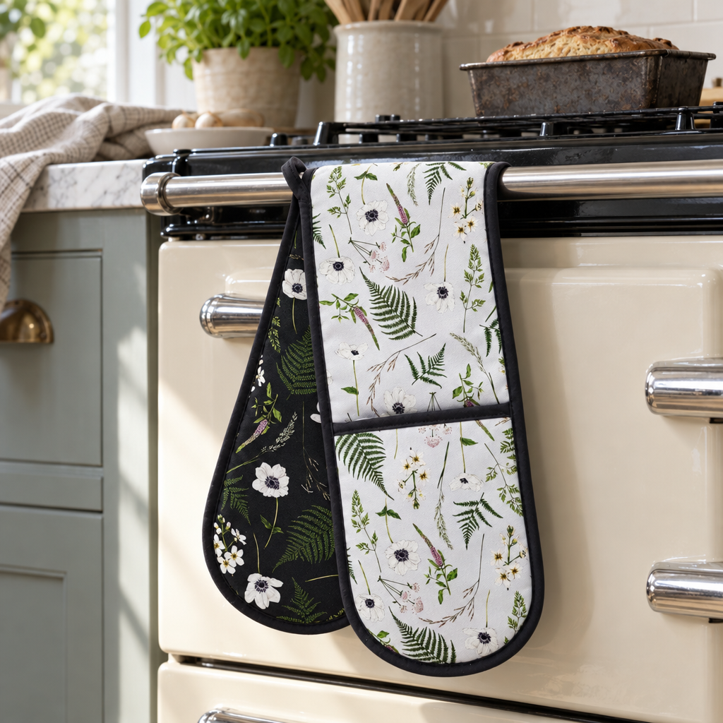 Wild Meadow botanical double oven glove on a range cooker rail