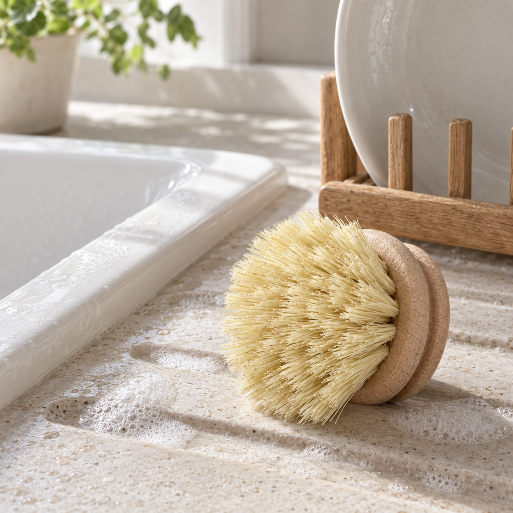 Wooden dish brush replacement head beside a sink